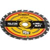 Na zdjęciu znajduje się tarcza do cięcia z widocznymi napisami: "DEWALT", "Nail Tough", "ELITE SERIES", "Ø165 mm", "24", "UP TO 2X LIFE", oraz numerem "NA010973". Tarcza ma żółto-czarne wzornictwo z czerwonymi akcentami i ząbkowanymi krawędziami.