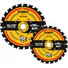 Na zdjęciu znajdują się dwie tarcze do cięcia z widocznym logo "DEWALT" oraz napisami "Nail Tough", "Elite Series", "Ø165 mm", "24", "20 mm", "UP TO 2X THE LIFE", "DT10624-QZ" i "NA010973". Tarcze mają czarno-żółty wzór z ząbkowanymi krawędziami.