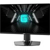 Monitor z cienkimi ramkami wyświetla futurystyczną grafikę z neonowym symbolem "G" na tle ciemnego, industrialnego wnętrza. Na dolnej ramce widoczne jest logo "msi".
