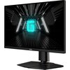 Na zdjęciu widoczny jest monitor z logo "MSI" na dolnej ramce, wyświetlający futurystyczną grafikę z jasnym, niebieskim symbolem "G" na tle ciemnego, industrialnego tunelu z białymi światłami. Monitor jest umieszczony na prostokątnej podstawie.