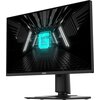 Na zdjęciu widoczny jest monitor z logo "MSI" na dolnej ramce. Ekran wyświetla futurystyczną grafikę z jasnym, niebieskim symbolem "G" na tle ciemnego, geometrycznego tunelu z białymi liniami świetlnymi.