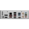 Tylny panel płyty głównej z różnorodnymi portami, w tym HDMI, DisplayPort, USB typu A i C, złączami audio oraz gniazdem Ethernet; widoczne logo "MSI".