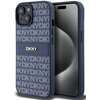 Etui na telefon w kolorze niebieskim z wzorem w białe litery "DKNY" na całej powierzchni. Na środku znajduje się metalowe logo "DKNY".