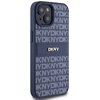 Etui na telefon w kolorze niebieskim z wzorem składającym się z powtarzających się liter "DKNY". Na środku znajduje się metalowe logo z napisem "DKNY".