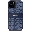 Niebieskie etui na telefon z wzorem w jasne litery "DKNY" powtarzające się na całej powierzchni. W centralnej części znajduje się metalowe logo "DKNY" na gładkim pasku.