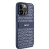 Etui na telefon w kolorze niebieskim, wykonane z materiału przypominającego skórę, z widocznym metalowym logo DKNY. Produkt przeznaczony jest do modelu Apple iPhone 15 Pro Max.