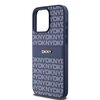 Etui na telefon w kolorze niebieskim z wzorem składającym się z powtarzających się liter "DKNY" na całej powierzchni. Na środku znajduje się metalowe logo "DKNY" w kolorze złotym.