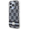 Etui na telefon z wzorem w kratkę i nadrukowanymi paskami, ozdobione powtarzającym się logo "DKNY". Na dole etui znajduje się większe logo "DKNY" na tle poziomych pasków w kolorach czarnym i szarym.