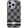 Etui na telefon z wzorem w kratkę i nadrukowanymi paskami, przeznaczone do Apple iPhone 14 Pro Max, w kolorze czarnym. Na etui widoczny jest powtarzający się napis "DKNY" oraz większy napis "DKNY" na szarym pasku u dołu.