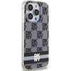 Etui na telefon z wzorem w kratkę i nadrukowanymi paskami, wykonane w odcieniach czerni i szarości, z widocznym logo "DKNY" powtarzającym się na całej powierzchni. Na dole etui znajduje się większe logo "DKNY" na tle szarego paska.