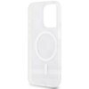 Przezroczyste etui na telefon z widocznym wzorem w kratkę i nadrukowanymi paskami, zaprojektowane dla Apple iPhone 14 Pro Max. Na etui znajduje się okrągły symbol MagSafe oraz subtelne logo "DKNY".