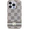 Beżowe etui na telefon z wzorem w kratkę i nadrukowanymi paskami, ozdobione powtarzającym się logo "DKNY". Na dole etui znajduje się większe logo "DKNY" na tle szarego paska.