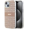 Różowe etui na telefon z nadrukiem powtarzającego się wzoru "DKNY" oraz większym logo "DKNY" na środku. Etui jest przeznaczone do modeli Apple iPhone 14 Plus/15 Plus i posiada funkcję MagSafe.