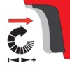 Na ilustracji widoczna jest czerwona strzałka skierowana w prawo oraz czarny symbol okręgu z białymi segmentami i strzałką wskazującą kierunek obrotu. Obok znajdują się dwa symbole: minus i plus, a w tle widoczny jest fragment czerwono-szarego kształtu.
