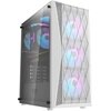 Biała obudowa komputerowa z przezroczystym panelem bocznym, przez który widać podświetlone wentylatory ARGB oraz napis "RADEON". Przedni panel ma ażurową strukturę z trzema widocznymi wentylatorami, a na dole obudowy znajduje się logo producenta.