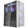 Biała obudowa komputerowa z przezroczystym panelem bocznym, przez który widać podświetlone wentylatory ARGB oraz napis "RADEON". Przedni panel ma wzór siatki, za którym znajdują się trzy podświetlone wentylatory.