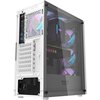 Biała obudowa komputerowa z przezroczystym panelem bocznym, ukazująca wnętrze z czterema wentylatorami ARGB i podświetlonym napisem "RADEON". Na tylnej części obudowy widoczne są porty USB, otwory wentylacyjne oraz napis "MADE IN CHINA".