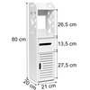 Biała szafka o wymiarach 80 cm wysokości, 20 cm szerokości i 21 cm głębokości, z trzema sekcjami: górną o wysokości 26,5 cm, środkową o wysokości 13,5 cm i dolną o wysokości 27,5 cm. Szafka posiada dekoracyjne wycięcia po bokach oraz otwory w drzwiczkach 