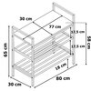 Ilustracja przedstawia schemat półki na buty z wymiarami: wysokość 65 cm, szerokość 80 cm, głębokość 30 cm. Dodatkowo, odległości między półkami wynoszą 17,5 cm, a wysokość tylnej ścianki to 58 cm.