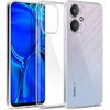 Przezroczyste etui na telefon z widocznym napisem "Redmi" oraz oznaczeniem "5G" na tylnej części urządzenia, obok którego znajduje się telefon z niebieskim ekranem. Etui ma wycięcia na aparat i przyciski, a powierzchnia tylnej części telefonu ma delikatny