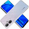 Przezroczyste etui na telefon z widocznym napisem "Redmi 5G" oraz dwoma dużymi obiektywami aparatu. Tło ekranu telefonu jest niebieskie z falistym wzorem.