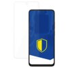 Na zdjęciu widoczne jest szkło hybrydowe 3MK FlexibleGlass Lite przeznaczone do telefonu Motorola Moto G40 Fusion, obok którego znajduje się telefon z niebieskim ekranem i żółto-niebieską tarczą. Produkt jest przezroczysty i ma wycięcie na aparat przedni.