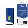 Na zdjęciu znajduje się opakowanie produktu "3mk Protection FlexibleGlass Lite" oraz telefon z nałożonym szkłem ochronnym, na ekranie którego widoczna jest niebieska tarcza z żółtym obramowaniem. Na opakowaniu widnieją napisy: "basic protection FlexibleGl