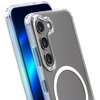 Przezroczyste etui na telefon z trzema wycięciami na aparaty i okrągłym wzorem na tylnej części, widoczne na tle telefonu z niebieskim, świetlistym ekranem. Produkt to "Etui 3MK MagCase do Samsung Galaxy S23+ Przezroczysty".