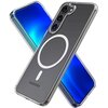 Przezroczyste etui na telefon z trzema wycięciami na aparaty oraz białym okręgiem i prostokątem na tylnej części, obok telefonu z niebieskim gradientem na ekranie. Na etui widoczny jest napis "SAMSUNG".