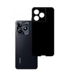 Na zdjęciu widoczne jest czarne etui z trzema okrągłymi wycięciami na aparat, obok którego znajduje się smartfon z trzema obiektywami aparatu i napisem "realme" na obudowie.