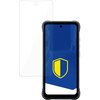 Na zdjęciu widoczny jest telefon z wyświetlaczem, na którym znajduje się niebieski ekran z żółto-niebieską tarczą. Obok telefonu umieszczone jest przezroczyste szkło ochronne.