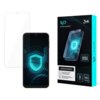 Na zdjęciu znajduje się opakowanie produktu "Folia ochronna 3MK 1UP do Samsung Galaxy A24 4G" oraz przezroczysta folia ochronna obok smartfona z wyświetlaczem przedstawiającym niebieski wzór tarczy. Na opakowaniu widnieje napis "1UP screen protector", "3 