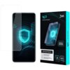 Na zdjęciu widoczny jest telefon z nałożoną folią ochronną oraz opakowanie produktu. Na opakowaniu znajduje się tekst: "1UP screen protector", "3mk", "Optimized for mobile gaming", "1UP Screen Protector", "3 pcs.", "Your screen 400% stronger", a także lis
