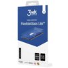Opakowanie produktu "3mk Protection FlexibleGlass Lite" z grafiką przedstawiającą szkło ochronne na ekranie telefonu. Na dole opakowania znajdują się logotypy certyfikatów i nagród, w tym PZH, ROHS oraz informacja o technologii FIT-IN™ i wzmocnieniu ekran
