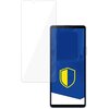 Przezroczyste szkło hartowane jest umieszczone obok smartfona z niebieskim ekranem, na którym widoczna jest żółto-niebieska tarcza. Produkt to "Szkło hartowane 3MK HardGlass do Sony Xperia 1 VI".