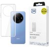 Przezroczyste etui na telefon jest pokazane obok niebieskiego smartfona z dużym okrągłym modułem aparatu. Obok znajduje się opakowanie z logo "3mk", napisem "Armor Case", "Premium back protection" oraz oznaczeniem "Military Grade MIL-STD-810H".