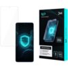 Opakowanie produktu "1UP screen protector" marki 3mk jest widoczne obok telefonu z nałożoną folią ochronną, na ekranie którego wyświetla się niebieski wzór przypominający tarczę. Na opakowaniu znajdują się napisy: "Optimized for mobile gaming", "1UP Scree