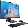 Na zdjęciu znajduje się komputer stacjonarny typu all-in-one z dużym ekranem, na którym widoczne jest logo "ASUS" oraz kolorowa grafika z bąbelkami. Przed monitorem umieszczono czarną klawiaturę i myszkę.