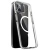 Przezroczyste etui na telefon z widocznym okrągłym wzorem na tylnej części, zaprojektowane do modelu Apple iPhone 15. Etui ma wycięcia na przyciski i aparat, a jego krawędzie są lekko zaokrąglone.