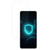 Na zdjęciu widoczny jest smartfon z wyświetlaczem, na którym znajduje się niebieski wzór przypominający tarczę, otoczony liniami tworzącymi efekt trójwymiarowy. Obok telefonu umieszczona jest przezroczysta folia ochronna z otworem na kamerę przednią.