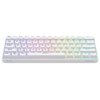 Biała klawiatura mechaniczna z podświetleniem RGB, posiadająca klawisze z oznaczeniami liter i funkcji, w tym "Esc", "Tab", "Caps", "Shift", "Ctrl", "Win", "Alt", "Enter", "Fn", oraz numery od 1 do 0. Na obudowie widoczne są napisy "SAVIO" i "WHITEOUT X2".