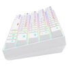 Biała klawiatura mechaniczna z podświetleniem RGB, posiadająca klawisze z wyraźnymi oznaczeniami liter, cyfr i symboli. Widoczne są klawisze takie jak "Shift", "Enter" oraz "Ctrl", a także kolorowe podświetlenie pod każdym klawiszem.