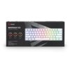Czarne pudełko z logo "SAVIO" i napisem "WHITEOUT X2 MECHANICAL KEYBOARD" zawiera grafikę klawiatury z podświetleniem RGB. Na opakowaniu widoczne są także informacje: "N-key rollover & Anti-ghosting", "Hot Swap", "Outemu switches", "Programmable RGB backlight", "Dedicated software".