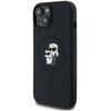 Czarne etui na telefon z nadrukiem przedstawiającym postać w okularach przeciwsłonecznych oraz kota, również w okularach. Wokół nadruku widnieje napis "KARL LAGERFELD".
