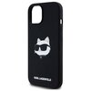 Czarne etui na telefon z nadrukiem białej głowy kota w okularach przeciwsłonecznych. Na dole etui znajduje się biały napis "KARL LAGERFELD".