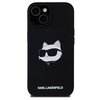 Czarne etui na telefon z nadrukiem białej głowy kota w okularach przeciwsłonecznych. Na dole etui znajduje się biały napis "KARL LAGERFELD".