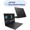 Na zdjęciu widoczne są dwa laptopy, jeden otwarty z wyświetlonym oprogramowaniem do edycji wideo, drugi zamknięty, z logo producenta na obudowie. Nad laptopami znajduje się napis "LAPTOP DLA NAUCZYCIELA" z ikoną laptopa.