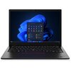 Na zdjęciu widoczny jest laptop z otwartym ekranem, na którym wyświetlany jest interfejs systemu Windows 11 z menu Start. Klawiatura laptopa jest czarna, a w prawym dolnym rogu obudowy znajduje się logo ThinkPad.