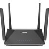Czarny router z czterema antenami, na którego górnej powierzchni widnieje logo "ASUS". Poniżej logo znajduje się rząd niebieskich ikon i wskaźników LED.