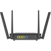 Czarny router z czterema antenami, widoczny od tyłu, z trzema żółtymi portami LAN, jednym niebieskim portem WAN, przyciskiem reset, przyciskiem WPS, gniazdem zasilania i włącznikiem. Na obudowie znajdują się napisy: "LAN3", "LAN2", "LAN1", "WAN", "DCIN", 
